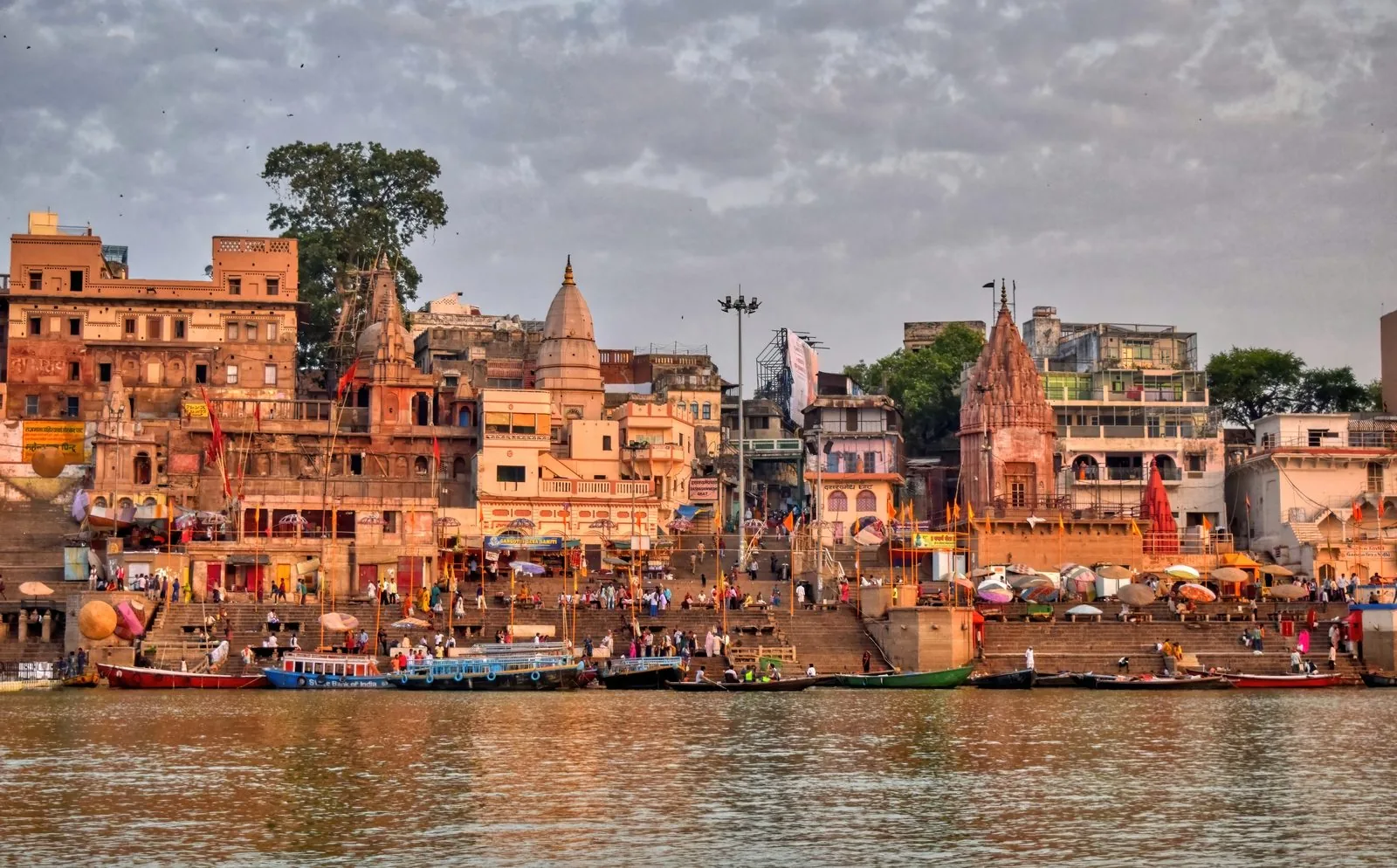 Boats and historic ghats along the Ganga in Kashi