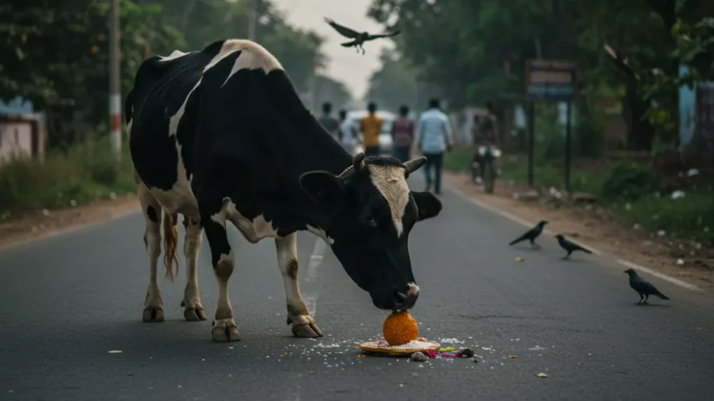 Image of a cow eating pinda- Pratipada Shraddha in Pitrupaksha