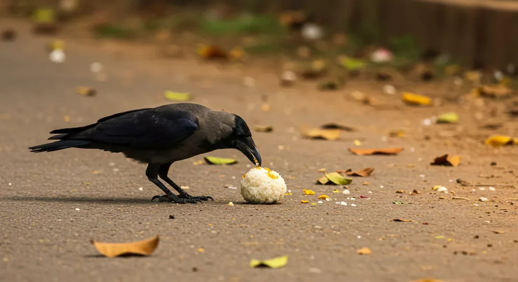 Image of a crow eating pindas- Dwitiya Shraddha in Pitrupaksha