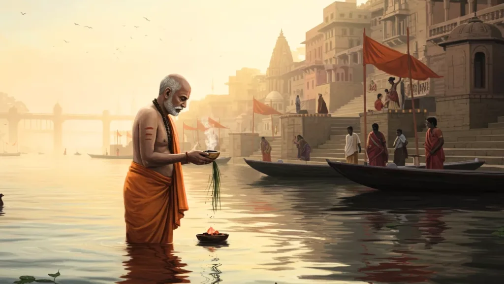 Image of pandit ji doing tarpan rituals- Auspicious Shradh Tithis