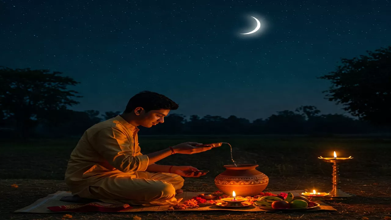 image depicting Amavasya Shraddha (Darsha Shraddha). Show a person or small family making simple offerings, like water (Tarpan) or food, under a night sky featuring a slim new moon crescent. The atmosphere should be quiet, reverent, and emphasize this monthly opportunity for remembrance outside the main Pitrupaksha season - perform shradh outside Pitrupaksha