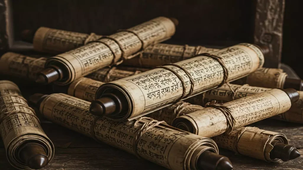 Create an image depicting ancient Indian manuscripts or palm-leaf scrolls, identifiable as the Puranas, perhaps tied with string or resting on a wooden surface.