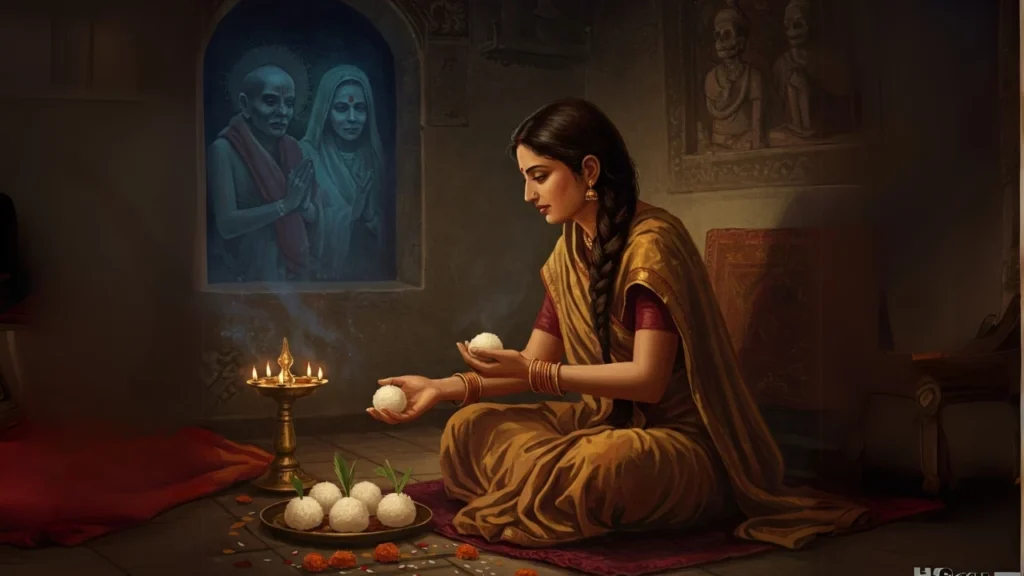 A woman offers Pind Daan (rice balls) during Shraddha, remembering ancestors.