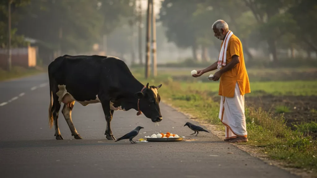 A man offers food to a cow and crows, a ritual part of Pitru Paksha to honor ancestors- Pitrupaksha Dos and Donts