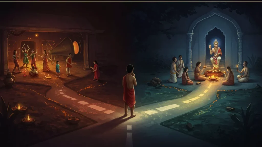 A person at a crossroads: worldly life versus performing Shradh with offerings to a deity for ancestors and the otherside people doing party- Celebrations During Pitrupaksha