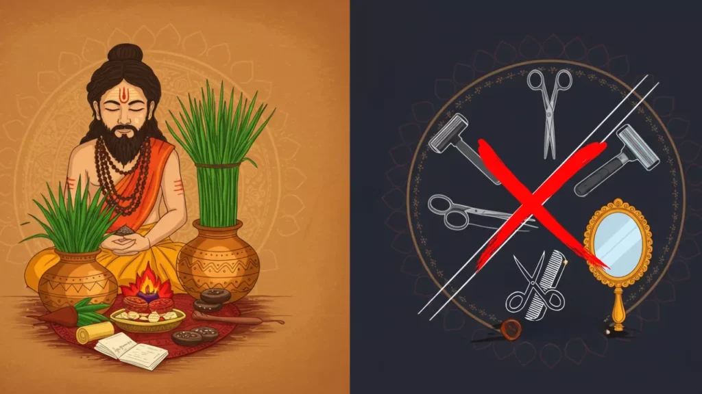 Image of a pandit who doing shradh and otherside the groming product which is crossed because on the time of pitrupaksha not use this things- Haircut and Shaving Pitrupaksha rules