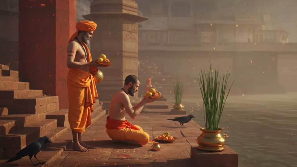 Two men perform Tarpan by a river, offering fruits to ancestors, with crows nearby. This is a Shradh ritual- Pitrupaksha food rules