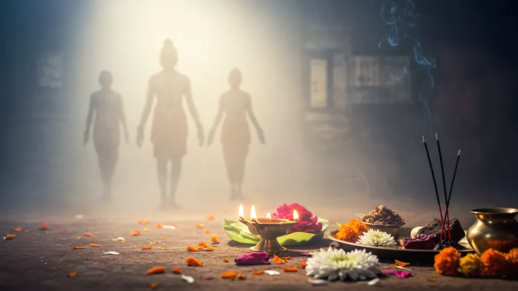 Shradh offerings of flowers, diya, and incense are laid out, with ancestral spirits appearing in the background- Avoid onion garlic in Pitrupaksha