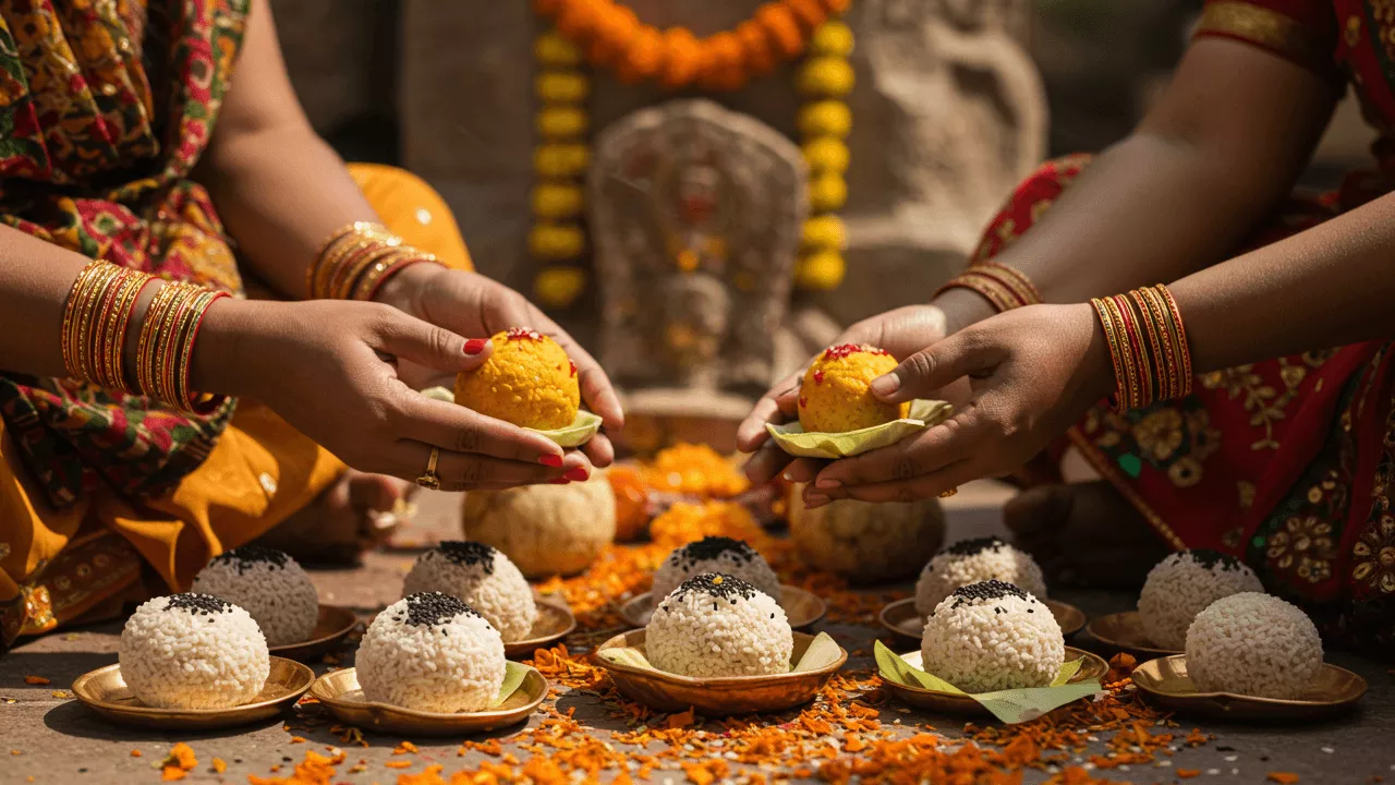 Image of Women offering Pindas (rice balls) with til during Pind Daan before deity- Pind Daan ingredients