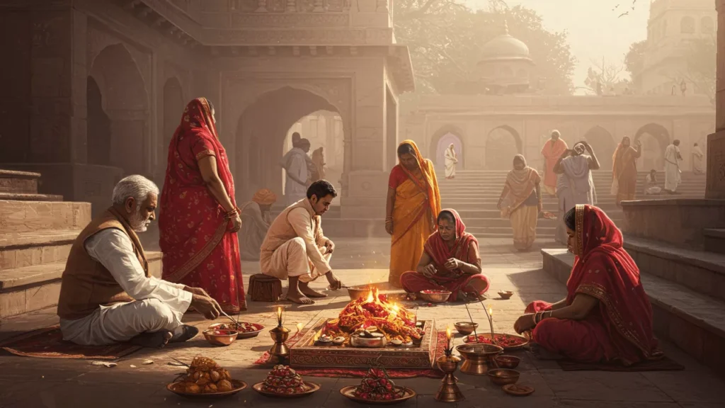 Family performs Shraddh with a fire ritual (homa) and offerings in a temple courtyard- Pind Daan Pitru Dosha