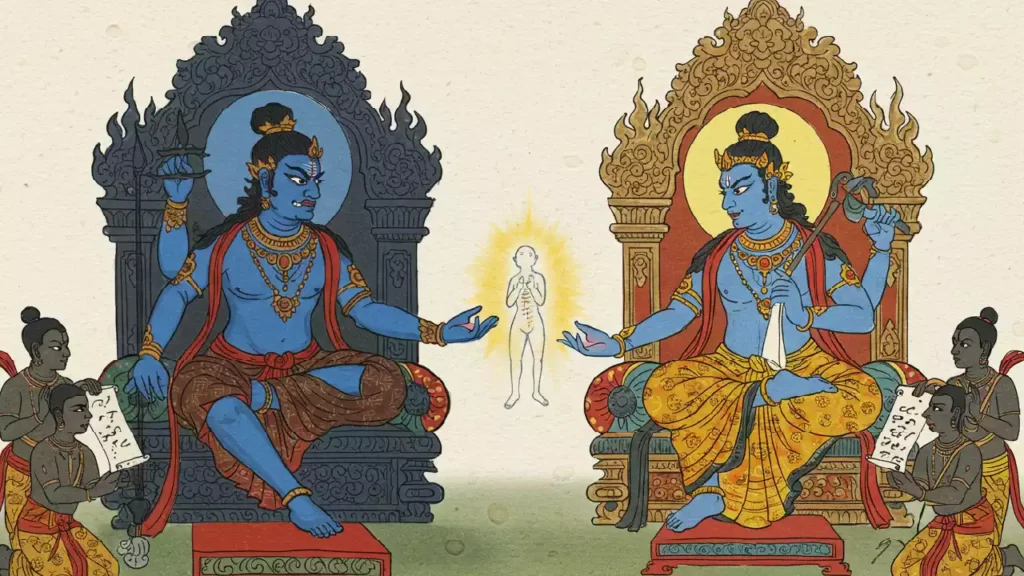 Image of Yama and Chitragupta judging a soul, with attendants reading karmic records. This depicts the afterlife- Yama Pitriloka Legends