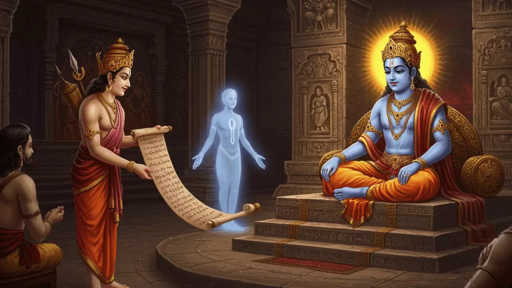 Yama receives a scroll (karma) as a spirit awaits judgment in a divine court- Why Ancestors Visit During Pitrupaksha