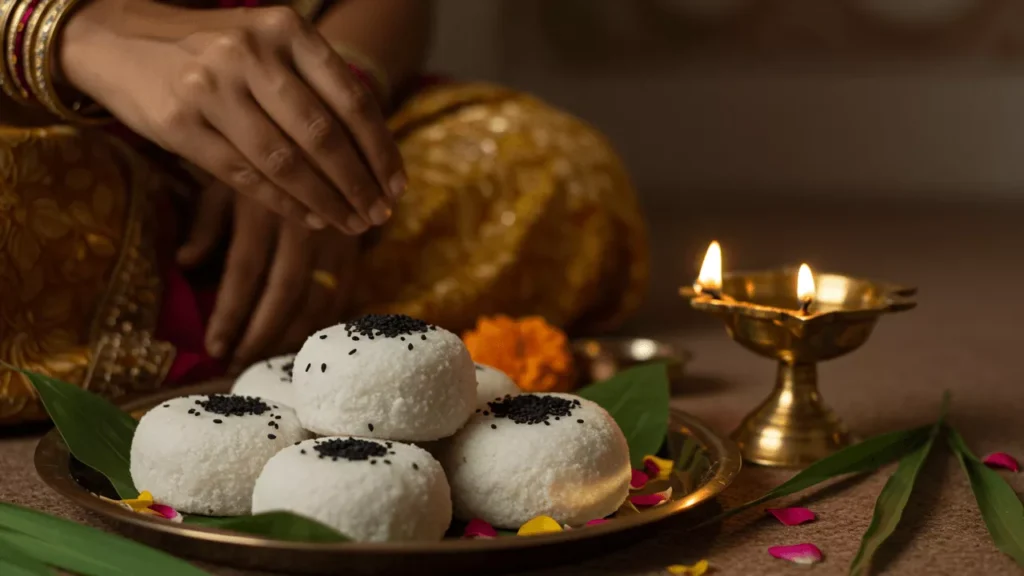 Image of Pind Daan offering: Rice Pindas with til, leaves, flowers, and lit Diya on brass plate- What is Pind Daan
