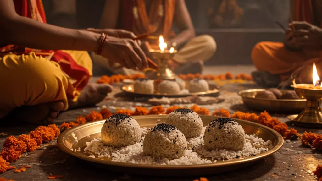 Image of Shraddh ritual in progress with pindas, flowers, and lit lamps. People performing rites- Pitrupaksha Origin Story