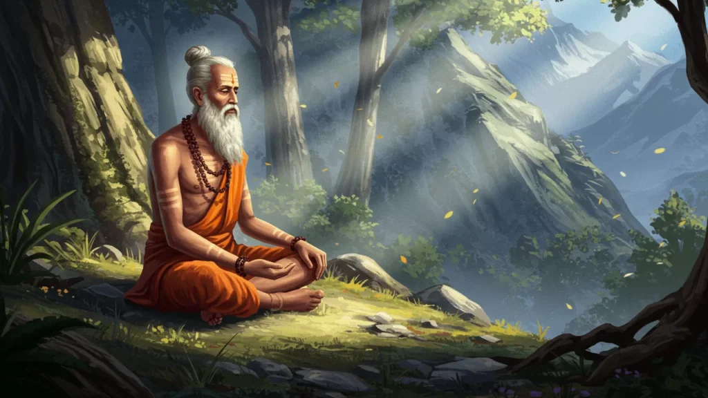 Image of Sage meditating peacefully in a forest, with mountains in the background. Serene spiritual scene- Jaratkaru Ancestors Progeny Legend