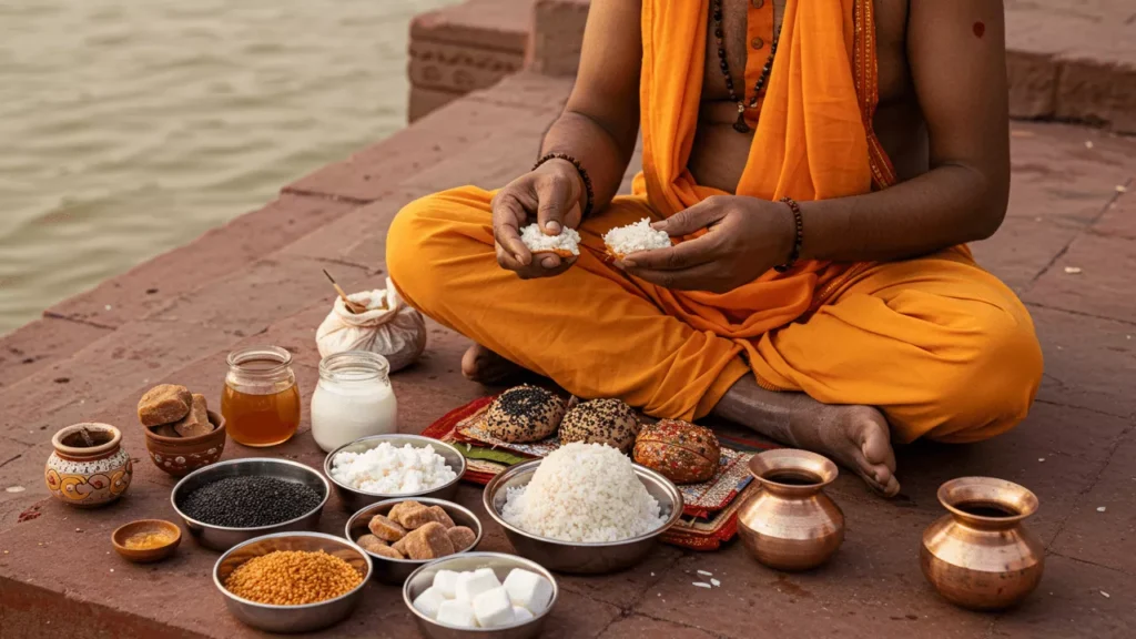 Man in orange robes performs Pind Daan, holding a pinda with sesame seeds, offerings around- Pind Daan alternatives