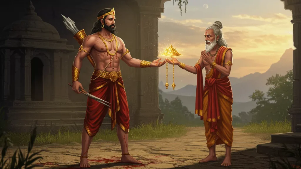 Warrior king karns offers a golden crown to a sage, a symbolic act of reverence and offering- The Karna Pitrupaksha Food Story