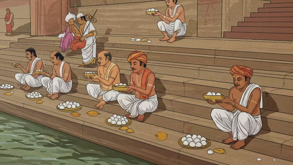 Image of Men performing Pind Daan ritual on river ghat steps with Pinda offering- Holy sites for Pind Daan