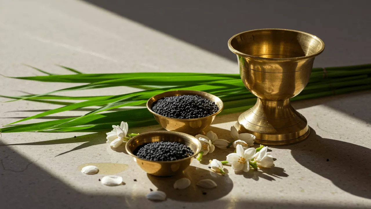 Picture of Tarpan essentials: Brass bowls with black sesame (til), Kusha grass, water vessel, white flowers. 