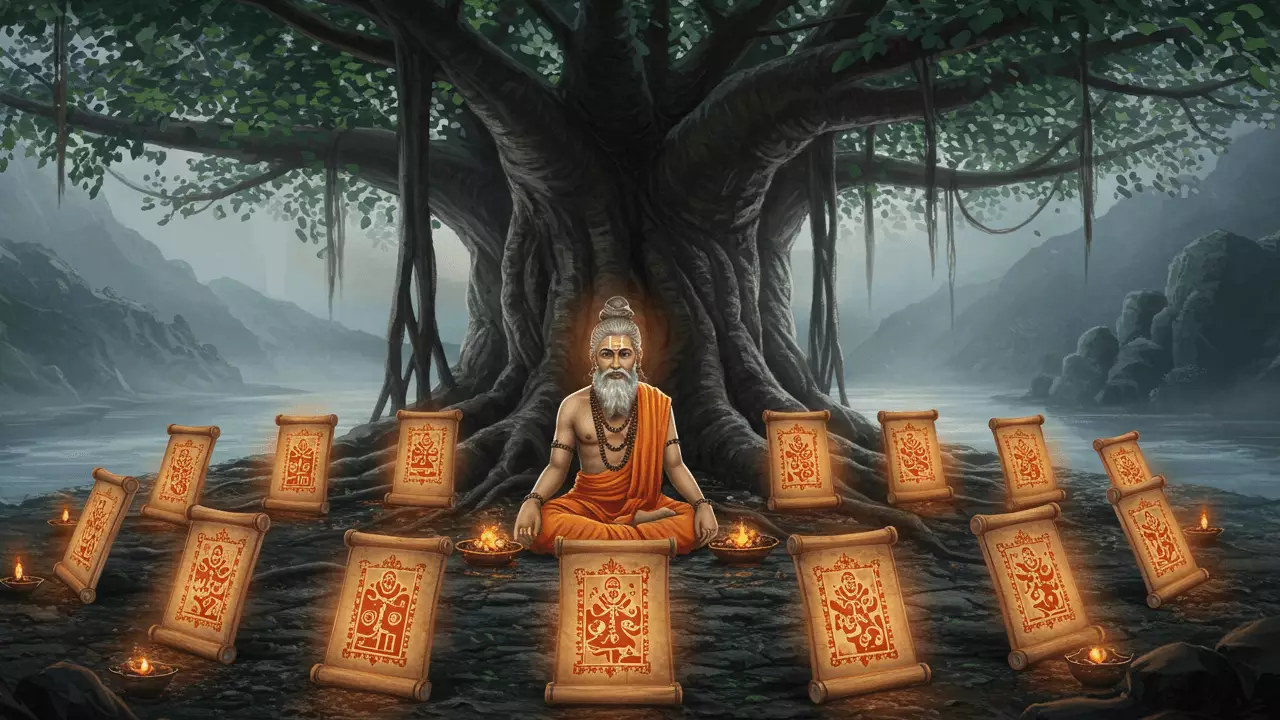 Hindu sage meditating under a banyan tree, surrounded by ancient scrolls and lit diyas.