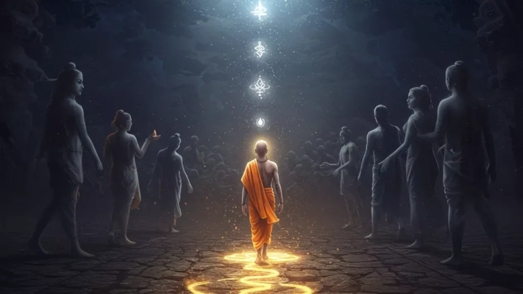 Image of A figure in saffron walks a path of light towards spiritual symbols, surrounded by ancestral spirits, signifying a journey for their peace (Shradh)- Regional Pitrupaksha rules