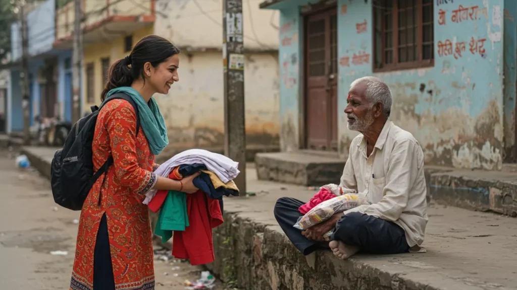 Image of A young woman offers clothes to an elderly man sitting on a roadside curb, who is holding some items- Charity Daan in Pitrupaksha