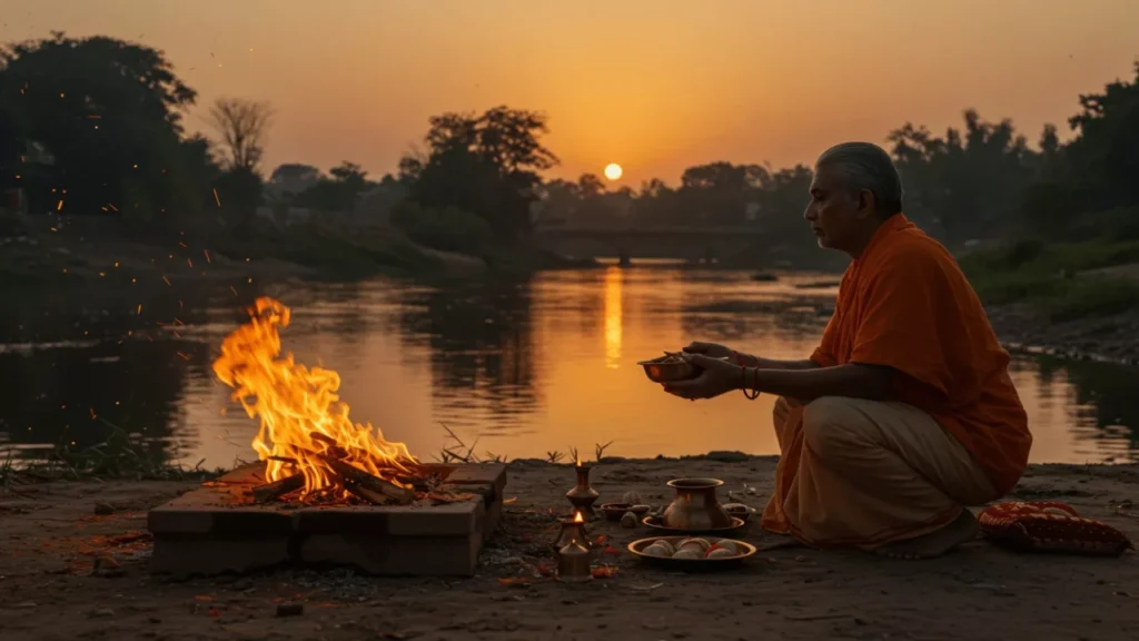 Image of A man performs a fire ritual (homa/agnihotra) by a river at sunset during Shraddh, with offerings- Agni role ancestor offerings