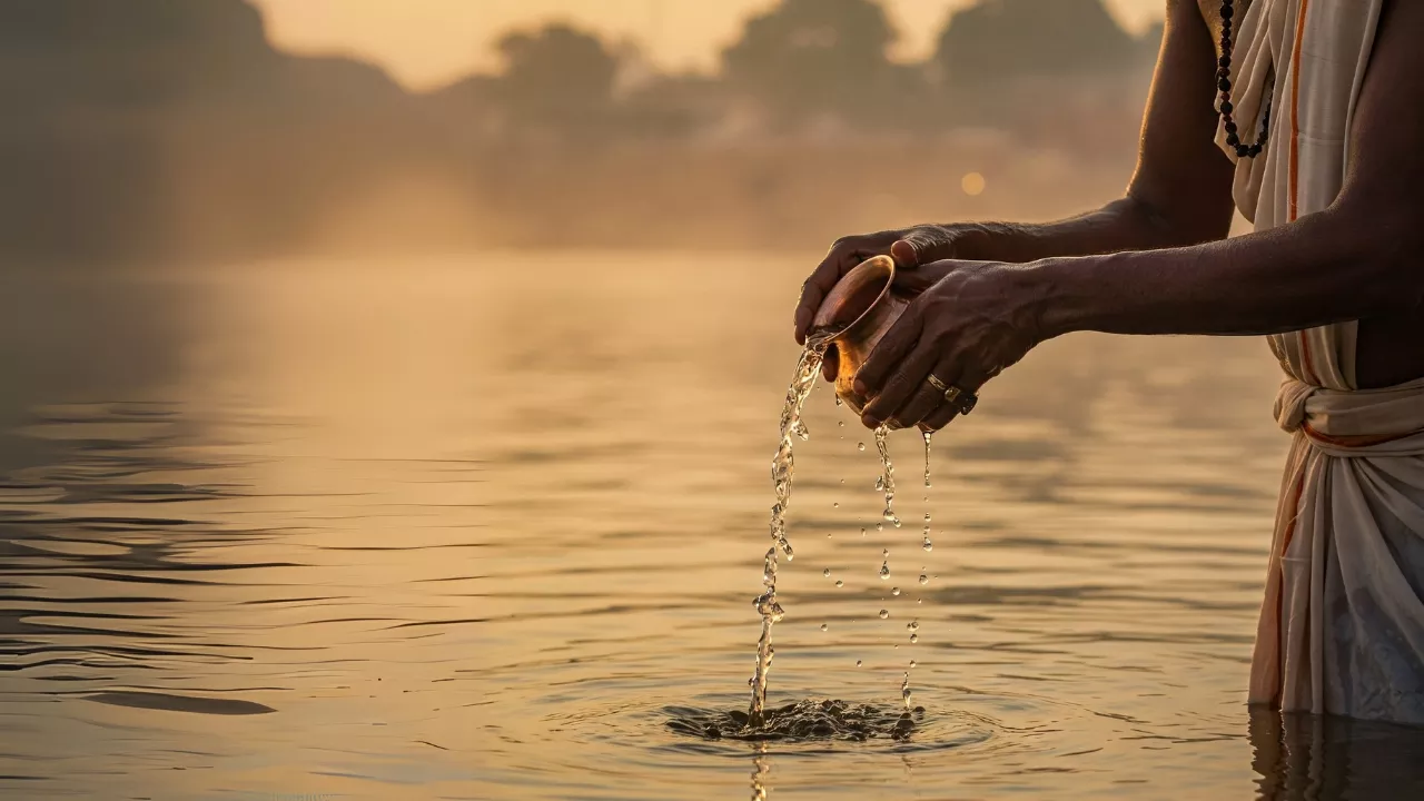 Man performing Tarpan ritual, offering water to ancestors from a copper vessel in a river 