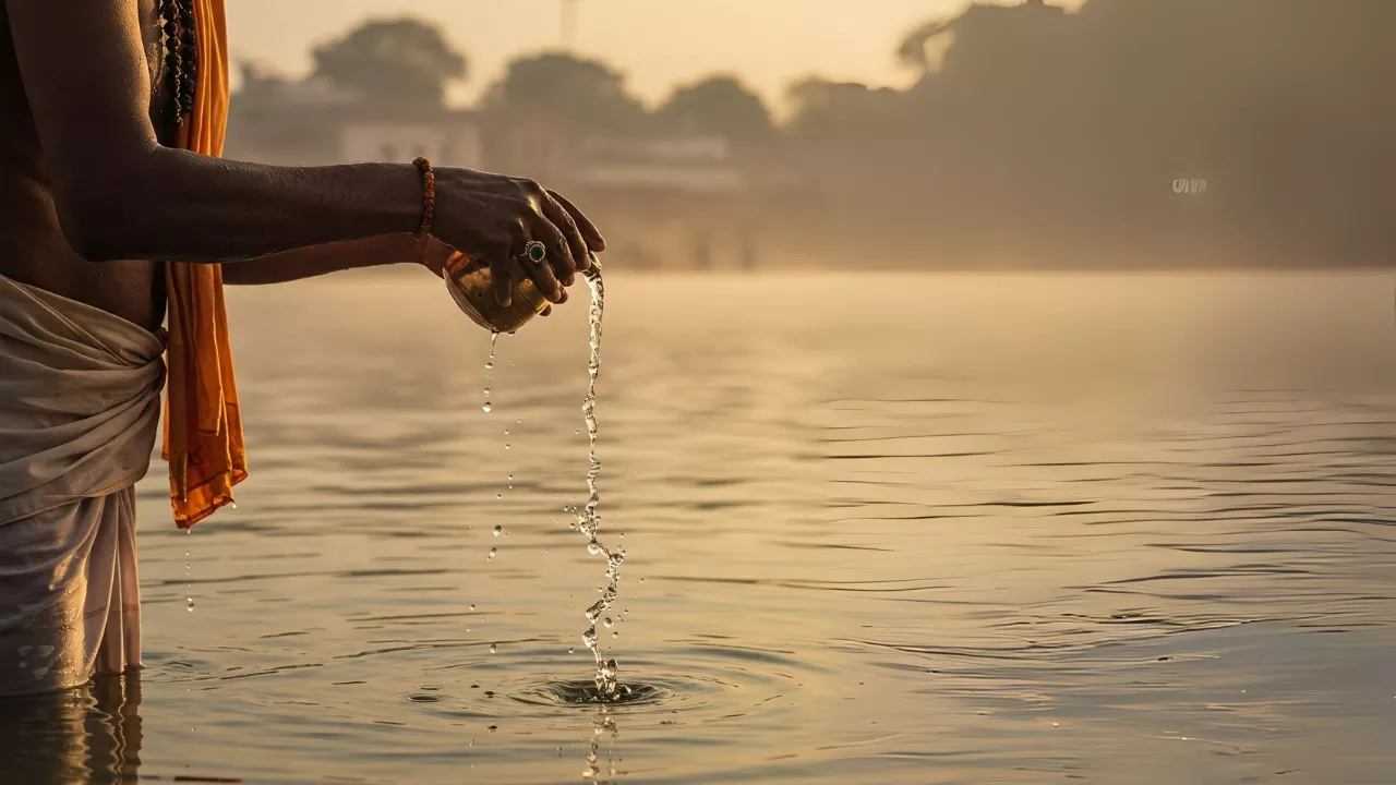 Tarpan: Person in river offering water from vessel during Pitru Paksha sunrise ritual- Facing south Pitru Tarpan