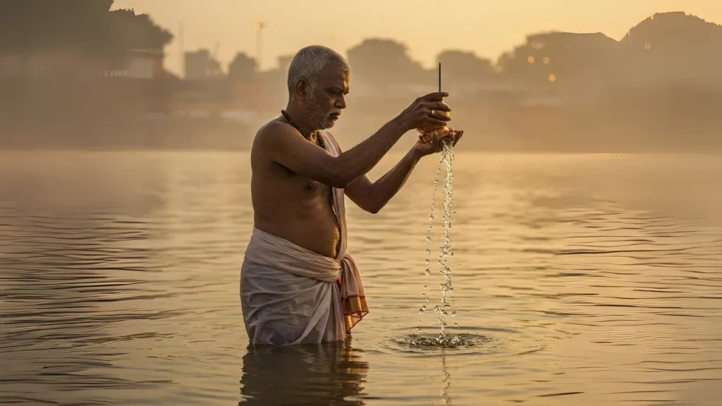 Image of Man performing Tarpan, offering water to ancestors in a river at sunrise. - How to perform Pitru Tarpan