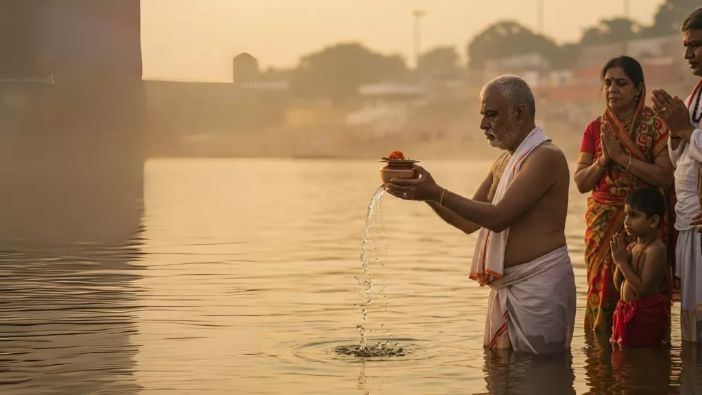 Man performs Tarpan in river, offering water from pot with flower. Family prays behind him. Shradh- Facing south Pitru Tarpan
