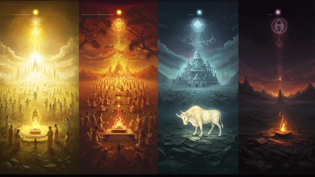 Image of Four panels depicting stages/aspects of Hindu rituals: Heavenly realm, mass fire ritual (yajna), divine ascent. Large community fire rituals before a temple. Divine bull before celestial palace, offerings reaching heavens. Solitary fire ritual in desolate land, soul's journey- Ancestor Worship in Different Yugas