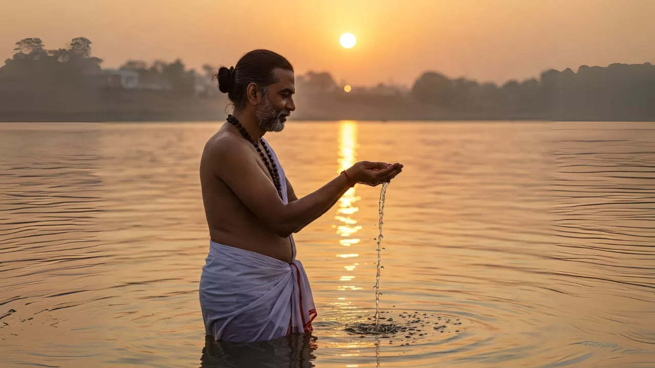 Image of Man performs Tarpan ritual, offering water from cupped hands while standing in river at sunrise/sunset.- Tarpan hand posture mudra 
