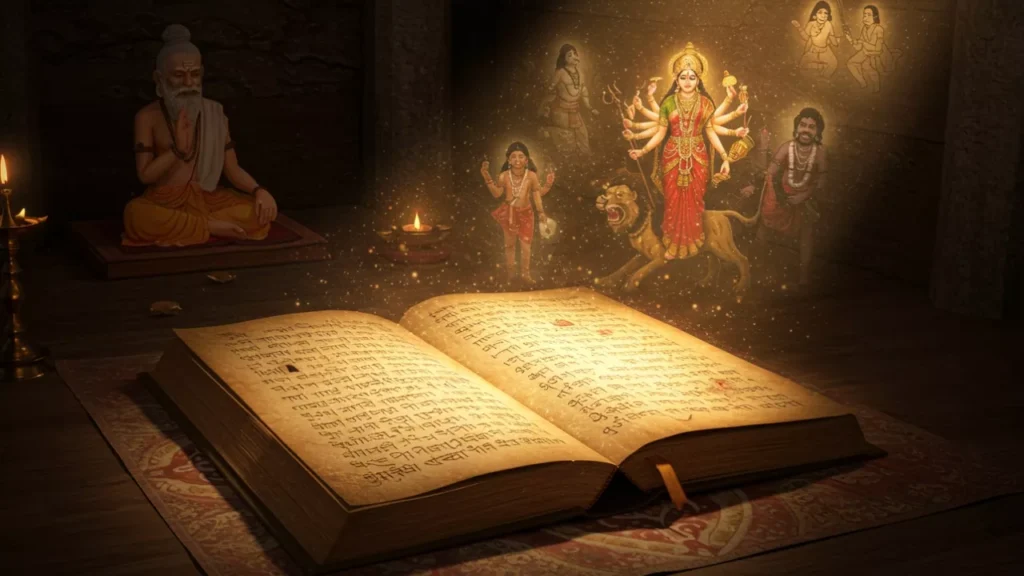 Image ofMarkandeya Purana open, divine figures and Goddess Durga emerging. Sage meditates nearby- Markandeya Purana ancestral blessings