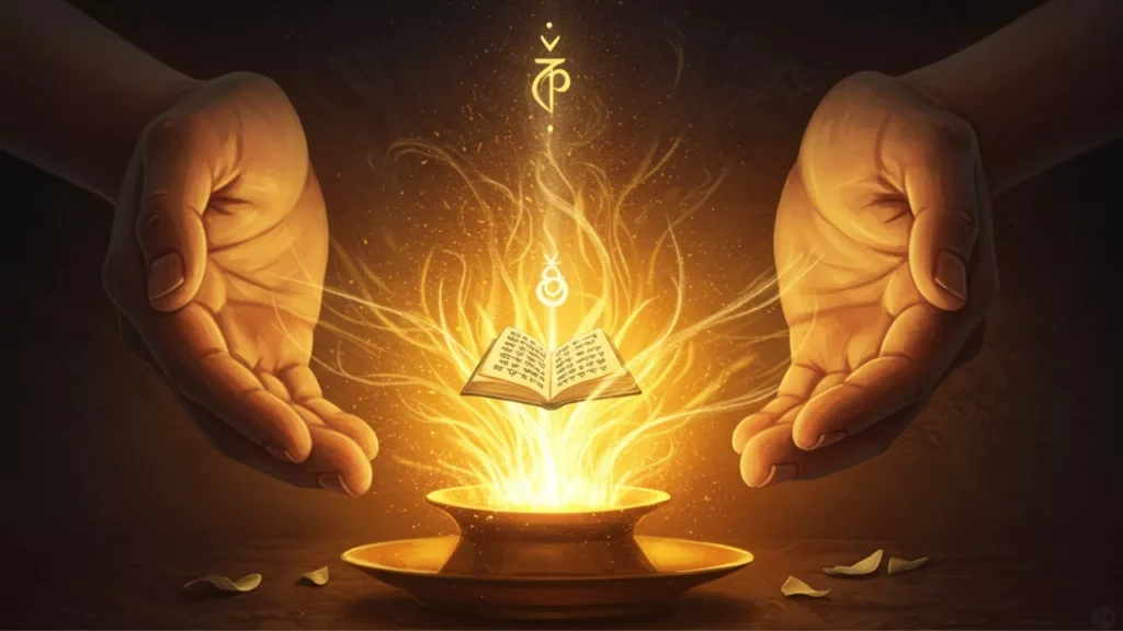 Image of Hands cradle a flaming offering bowl from which a glowing sacred book emerges, with mystical symbols above. Represents sacred knowledge and offerings- Lessons from Pitrupaksha legends