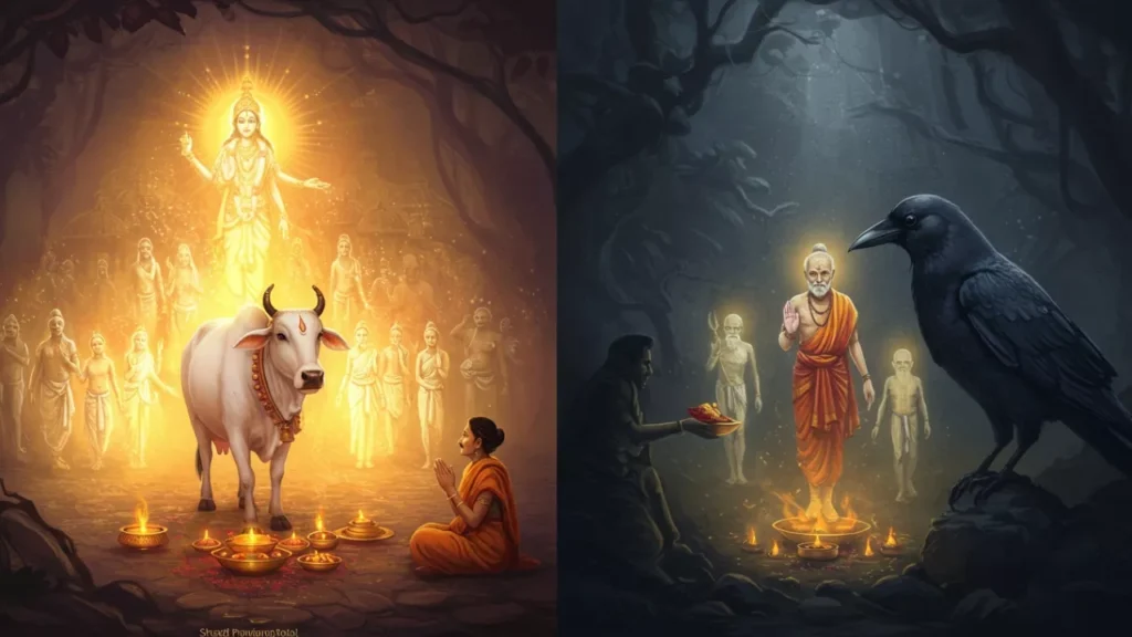 This image divided into two parts: Left side: A woman in prayer sits before a sacred white cow and a radiant deity, surrounded by many glowing figures (likely ancestors). Diyas (lamps) and offerings are present. This depicts devotion and reverence for ancestors and the divine. Right side: In a dark forest, a sage with glowing ancestral spirits offers food. A large crow, significant in Shraddh as a messenger to ancestors, looks on. Lit diyas are part of the ritual- Crows and Cows Pitrupaksha Mythology