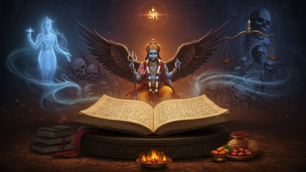 Winged deity (Yama) with garuda puran or book, judging souls. Spirit, skulls, scales depict afterlife- Garuda Purana Shradh afterlife