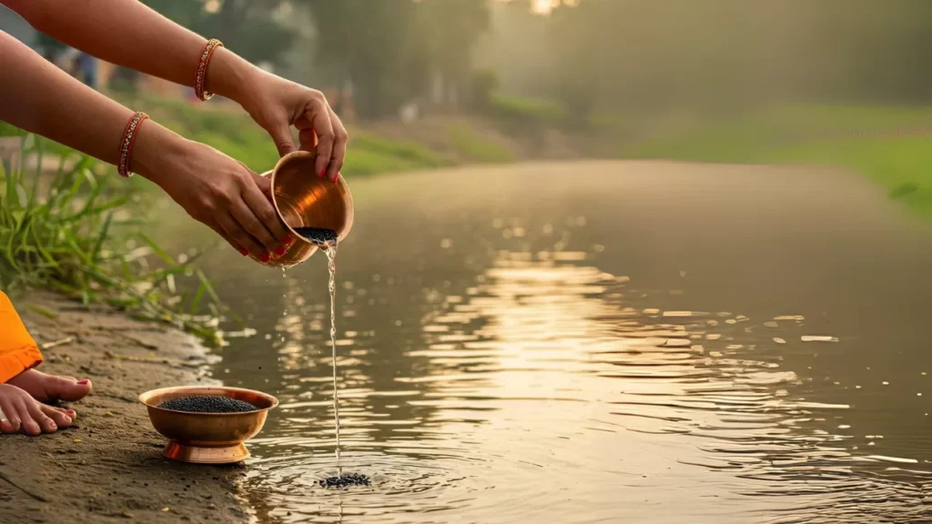 Tarpan ritual: Woman offers water & black sesame seeds from a copper pot into the river- Tarpan hand posture mudra