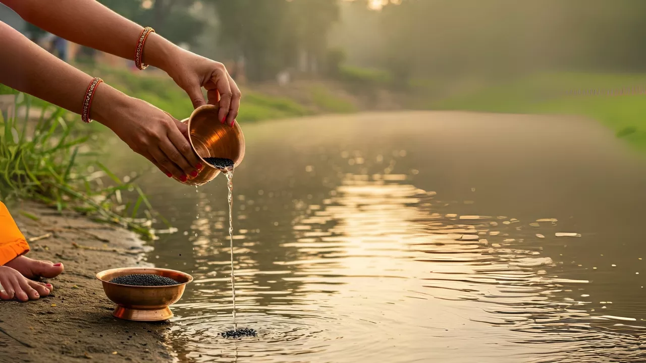 Tarpan ritual: Woman offers water & black sesame seeds from a copper pot into the river- Tarpan hand posture mudra 