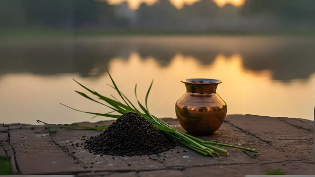 Essential items for Tarpan - black sesame seeds, Kusha grass, and water pot by river.