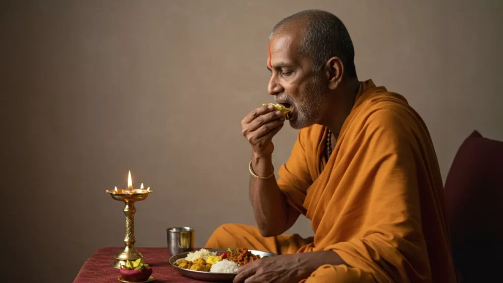 Image of a man eating during the pitrupksha- Mindful eating Pitrupaksha