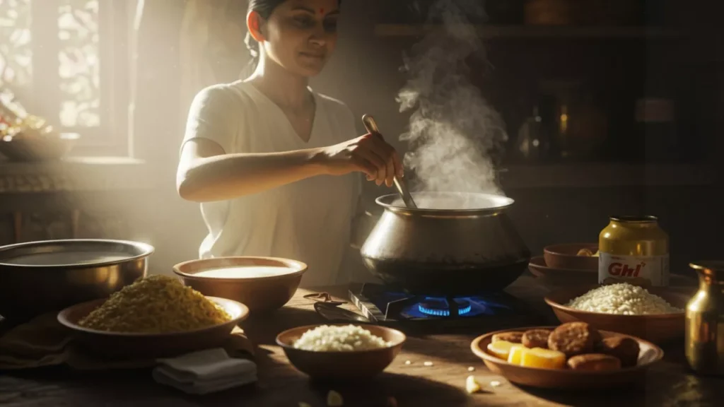 Image of A woman cooks a meal, likely kheer or other Shradh food, in a traditional kitchen setting with various ingredients around her- Cooking without onion garlic tips