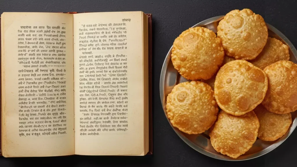 Image of A plate of puris (fried bread) beside an open Hindu scripture, representing food and rituals for Shradh- Pitrupaksha bread recipe