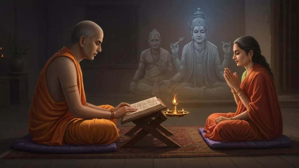 Image of A woman prays as a priest reads scriptures during a Shradh ceremony, with ancestral spirits in the background- Making Pitrupaksha meaningful