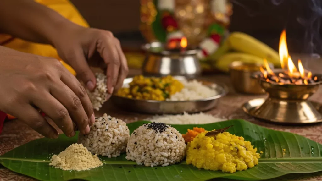 Image of a lady doing pind daan rituals- Til in Pitrupaksha food