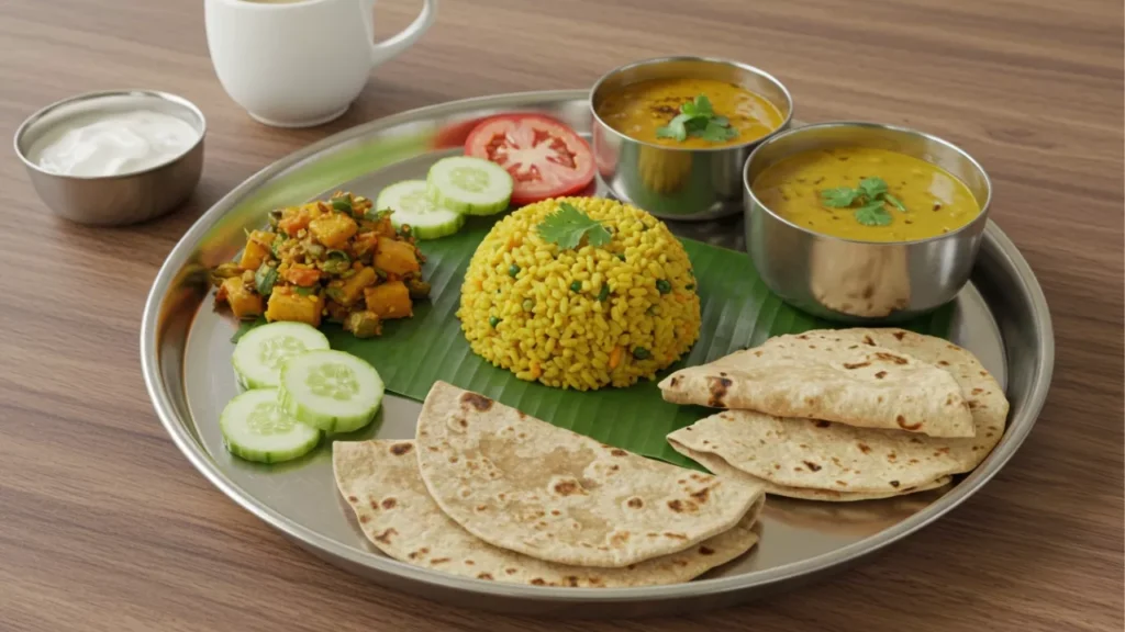 Image of A thali with rice, roti, dal, vegetable curry, salad, and curd; a typical Indian meal. This could be food prepared for Shradh- Sattvic food Pitrupaksha