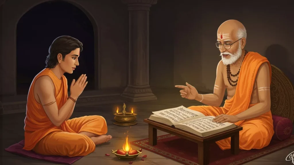 Image of A young person respectfully learns from an elder priest reading scriptures during a ritual, with lit diyas. This could be part of Shradh preparations.- Pitrupaksha spiritual focus