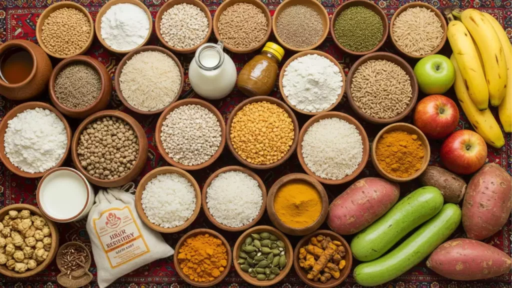 Image of Assortment of grains, lentils, spices, fruits, and vegetables, items commonly used in preparing Shradh offerings- Pitrupaksha Grocery List