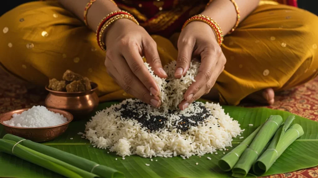 Image of hands prepare rice balls (pinda) for pind daan rituals- Pinda recipe Shradh