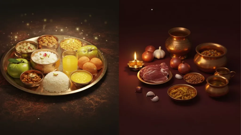 Image of Left: Sattvic food (rice, fruits, sweets) for Shradh. Right: Prohibited tamasic food (meat, onion, garlic)- Pitrupaksha Cooking Principles